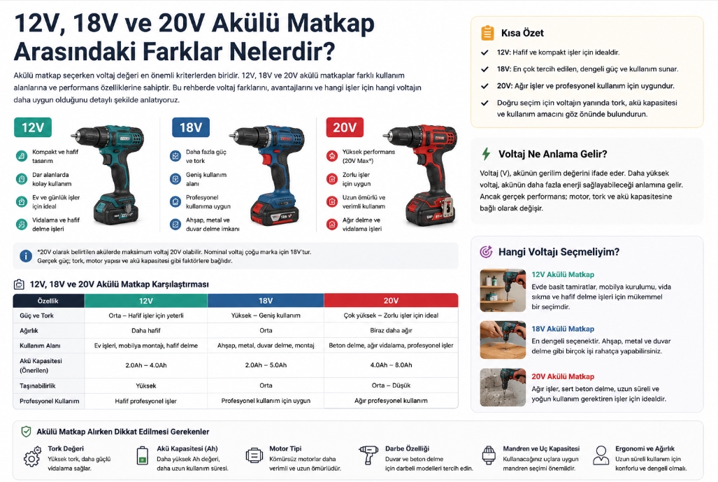 12V, 18V ve 20V Akülü Matkap Arasındaki Farklar Nelerdir?